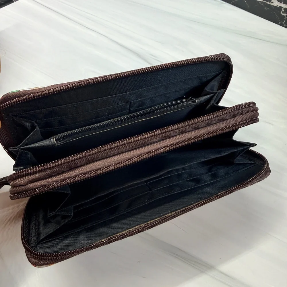 Beverly Hills Polo Club Floral Double Zip Wristlet Wallet Brown Multi BHPC
